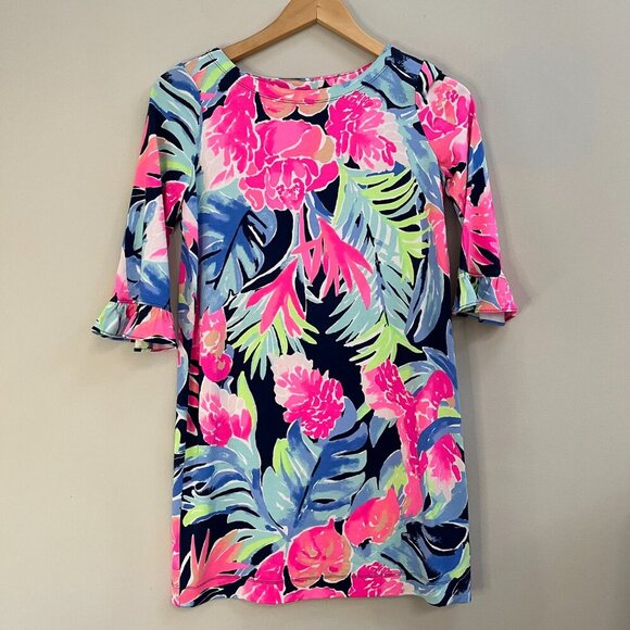 Lily Pulitzer Girl's Sophie Floral 3/4 Flutter Sleeve Dress Size XL 12-14
